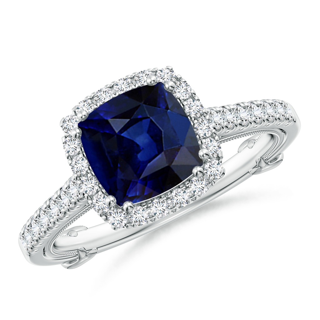 7mm AAA Vintage Inspired Sapphire & Diamond Halo Ring with Filigree in White Gold
