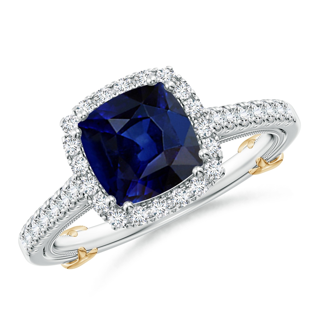 7mm AAA Vintage Inspired Sapphire & Diamond Halo Ring with Filigree in White Gold Yellow Gold