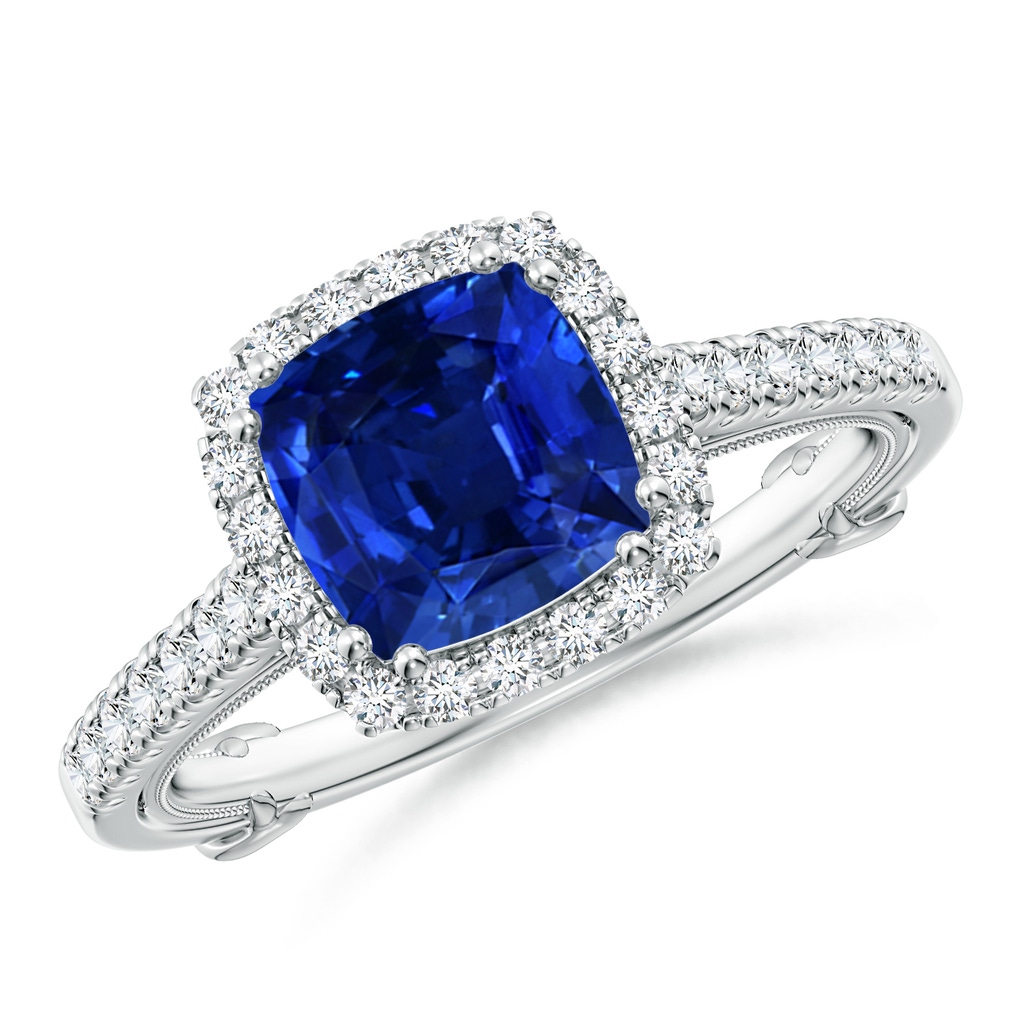 7mm Lab-Grown Vintage Inspired Sapphire & Diamond Halo Ring with Filigree in White Gold