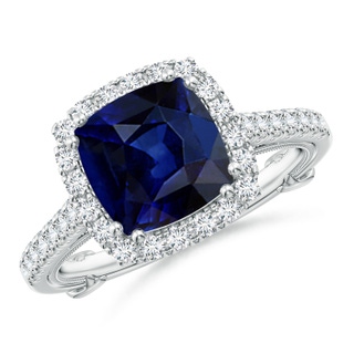 8mm AAA Vintage Inspired Sapphire & Diamond Halo Ring with Filigree in White Gold
