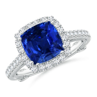 8mm AAAA Vintage Inspired Sapphire & Diamond Halo Ring with Filigree in White Gold