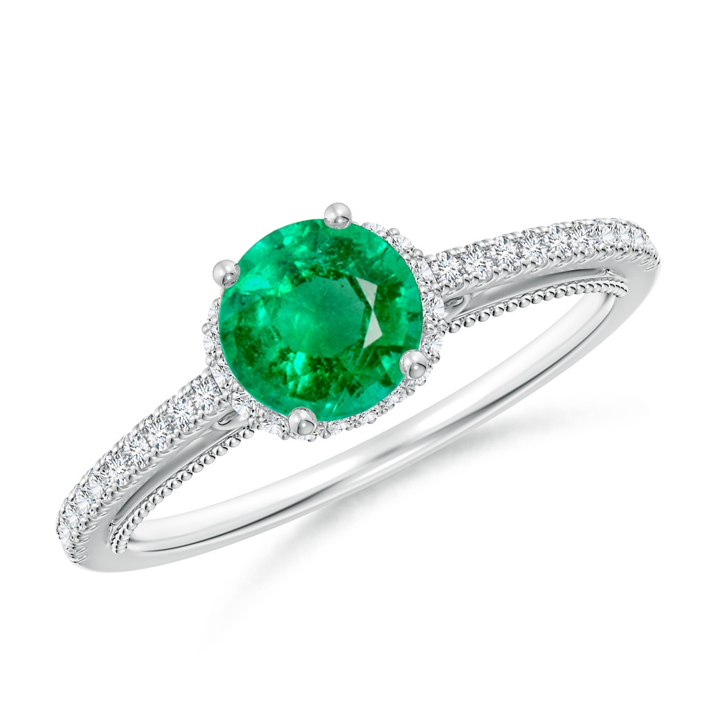 6mm AAA Vintage Inspired Round Emerald & Diamond Filigree Ring in White Gold