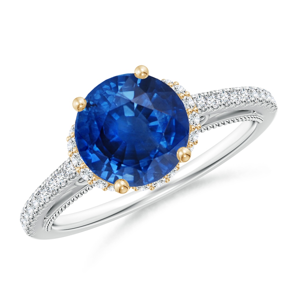 8mm AAA Vintage Inspired Round Sapphire & Diamond Filigree Ring in White Gold Yellow Gold