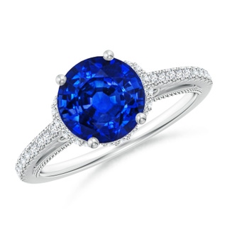 8mm AAAA Vintage Inspired Round Sapphire & Diamond Filigree Ring in White Gold