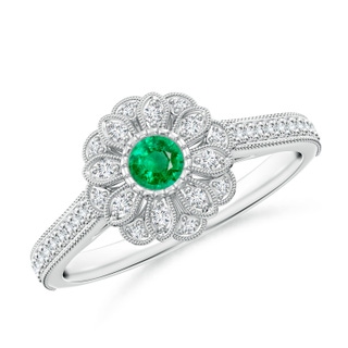 3.5mm AAA Vintage Inspired Emerald Floral Halo Ring with Milgrain in White Gold