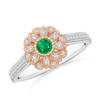 3.5mm AAA Vintage Inspired Emerald Floral Halo Ring with Milgrain in White Gold Rose Gold