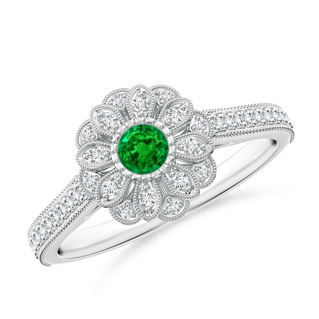 3.5mm AAAA Vintage Inspired Emerald Floral Halo Ring with Milgrain in White Gold