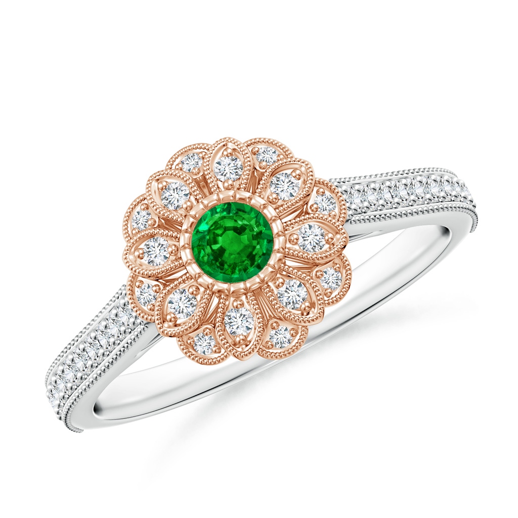 3.5mm AAAA Vintage Inspired Emerald Floral Halo Ring with Milgrain in White Gold Rose Gold