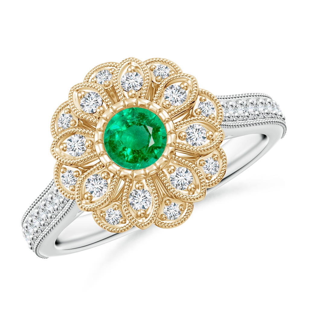 4.5mm AAA Vintage Inspired Emerald Floral Halo Ring with Milgrain in White Gold Yellow Gold