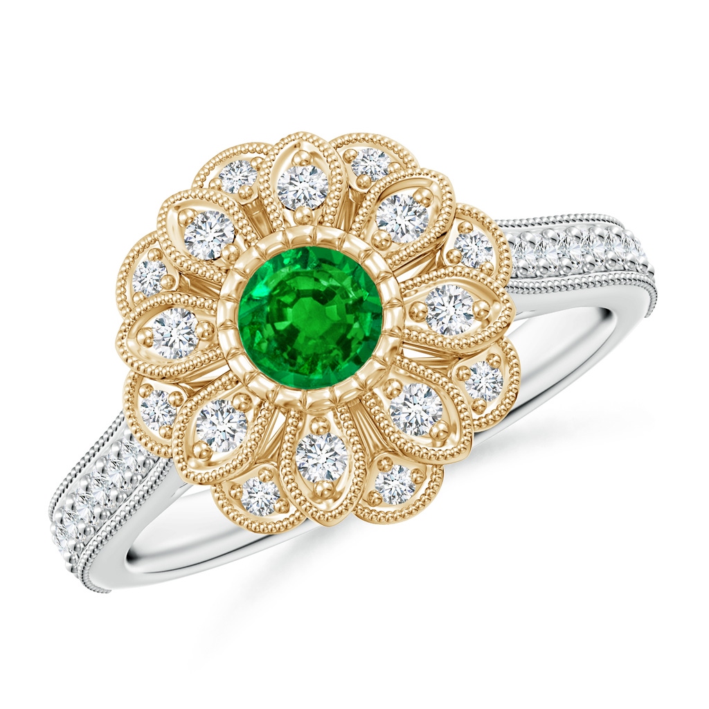 4.5mm AAAA Vintage Inspired Emerald Floral Halo Ring with Milgrain in White Gold Yellow Gold