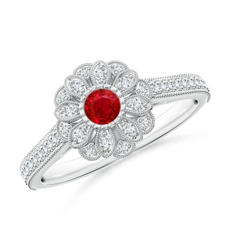 3.5mm AAA Vintage Inspired Ruby Floral Halo Ring with Milgrain in White Gold
