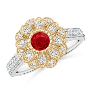 4.5mm AAA Vintage Inspired Ruby Floral Halo Ring with Milgrain in White Gold Yellow Gold