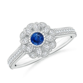 3.5mm AAA Vintage Inspired Sapphire Floral Halo Ring with Milgrain in White Gold