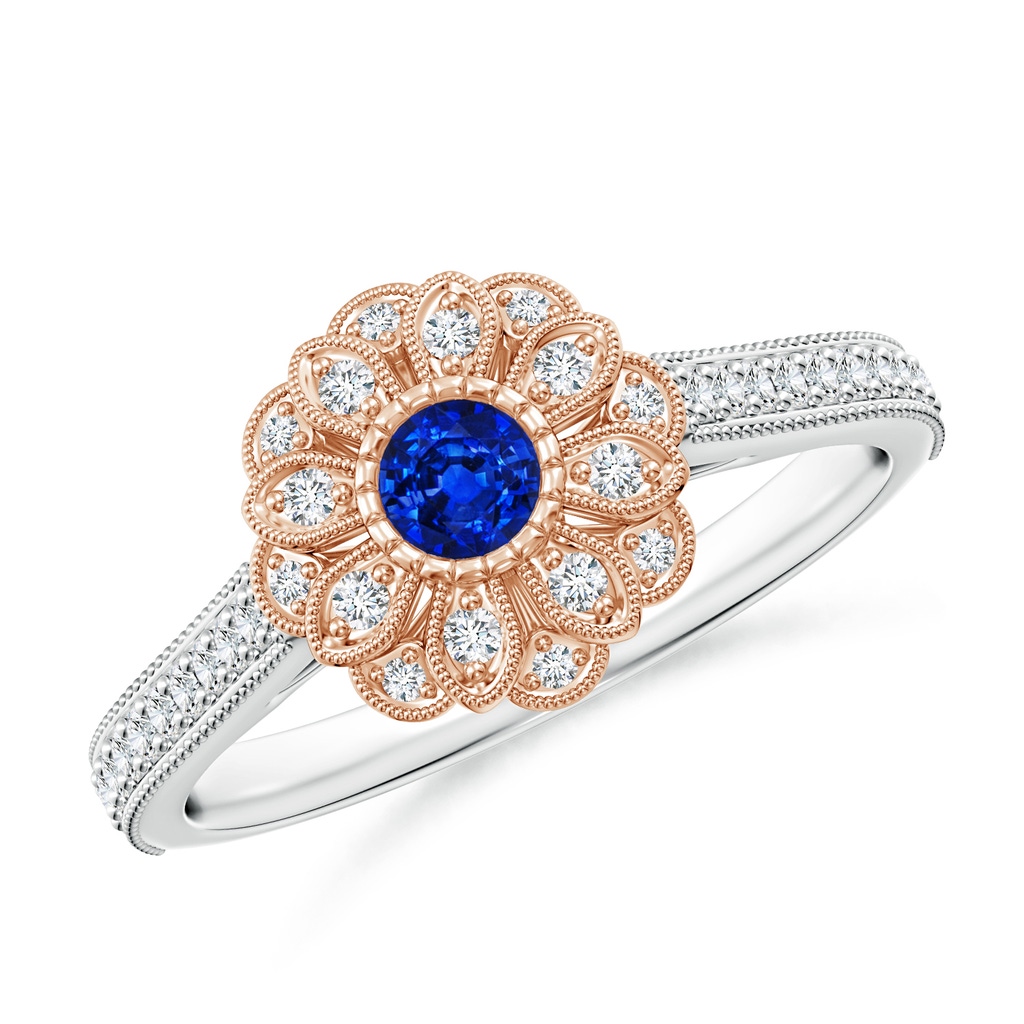 3.5mm AAAA Vintage Inspired Sapphire Floral Halo Ring with Milgrain in White Gold Rose Gold