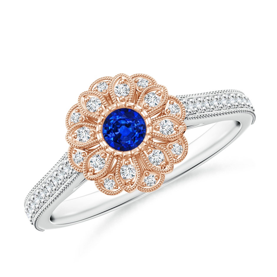 3.5mm AAAA Vintage Inspired Sapphire Floral Halo Ring with Milgrain in White Gold Rose Gold 