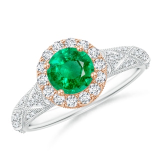 6mm AAA Vintage Inspired Round Emerald Halo Ring with Ornate Shank in White Gold Rose Gold