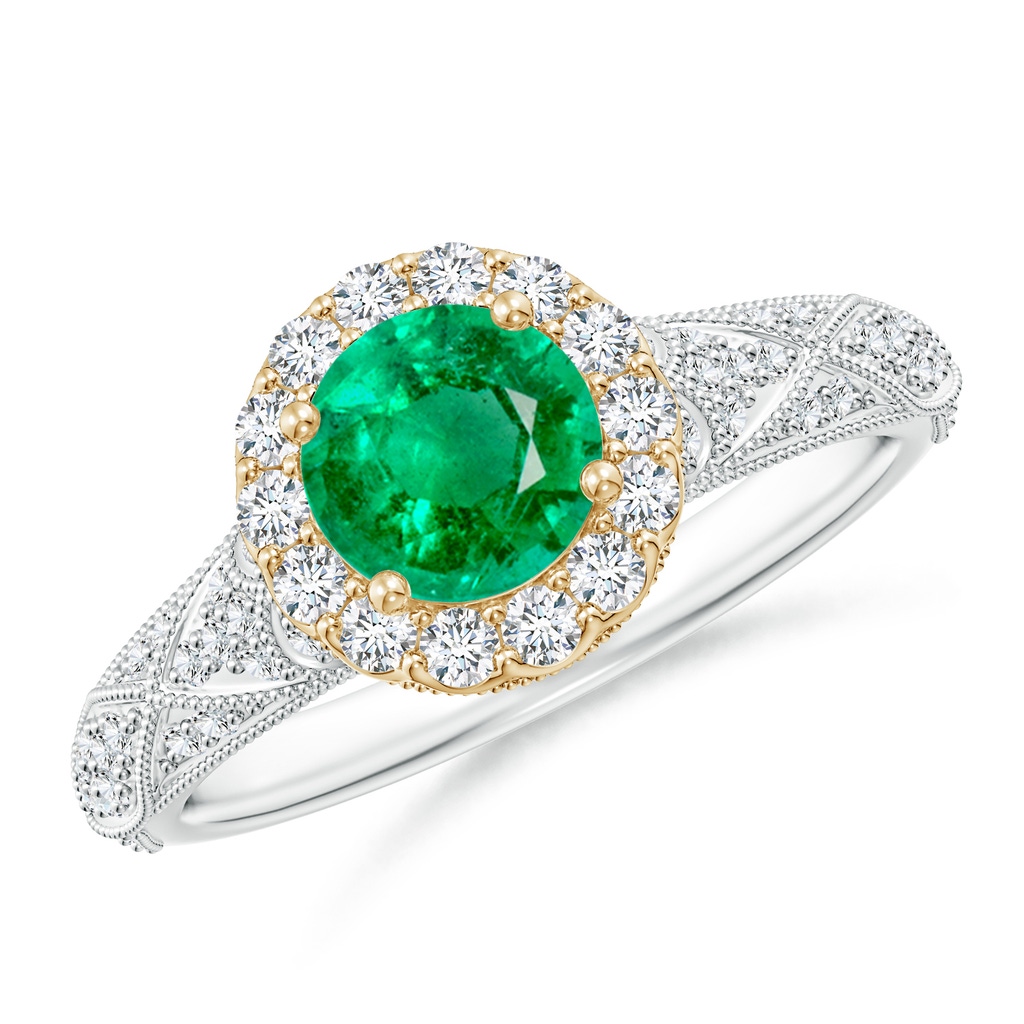 6mm AAA Vintage Inspired Round Emerald Halo Ring with Ornate Shank in White Gold Yellow Gold