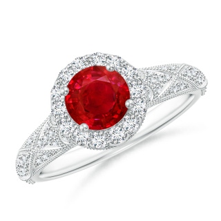 6mm AAA Vintage Inspired Round Ruby Halo Ring with Ornate Shank in White Gold
