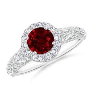 6mm AAAA Vintage Inspired Round Ruby Halo Ring with Ornate Shank in White Gold