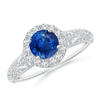 6mm AAA Vintage Inspired Round Sapphire Halo Ring with Ornate Shank in White Gold
