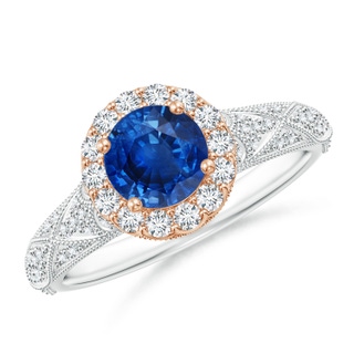 6mm AAA Vintage Inspired Round Sapphire Halo Ring with Ornate Shank in White Gold Rose Gold