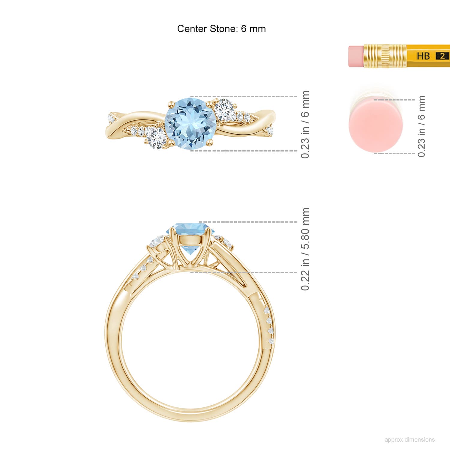 6mm AAA Nature Inspired Aquamarine & Diamond Twisted Vine Ring in Yellow Gold - ruler