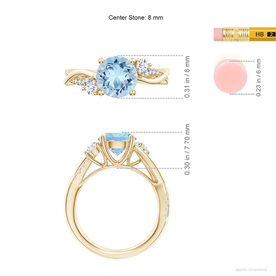8mm AAA Nature Inspired Aquamarine & Diamond Twisted Vine Ring in Yellow Gold ruler