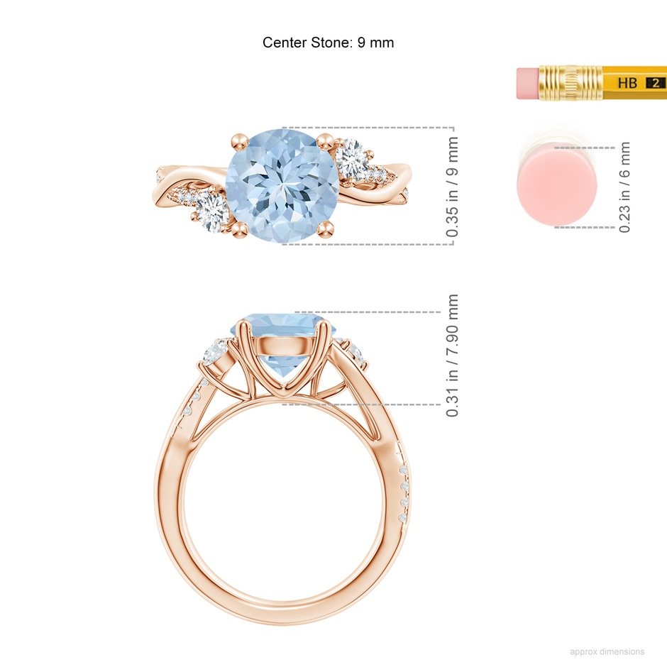 9mm AA Nature Inspired Aquamarine & Diamond Twisted Vine Ring in Rose Gold ruler