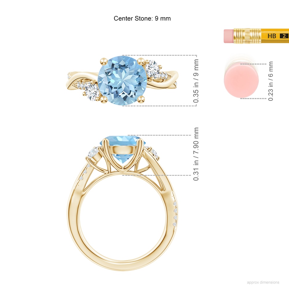 9mm AAAA Nature Inspired Aquamarine & Diamond Twisted Vine Ring in Yellow Gold ruler
