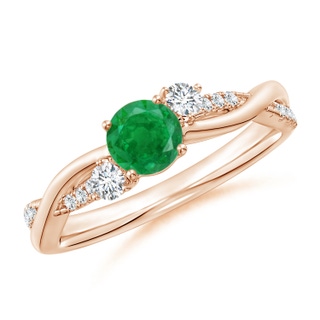 5mm AA Nature Inspired Emerald & Diamond Twisted Vine Ring in 10K Rose Gold