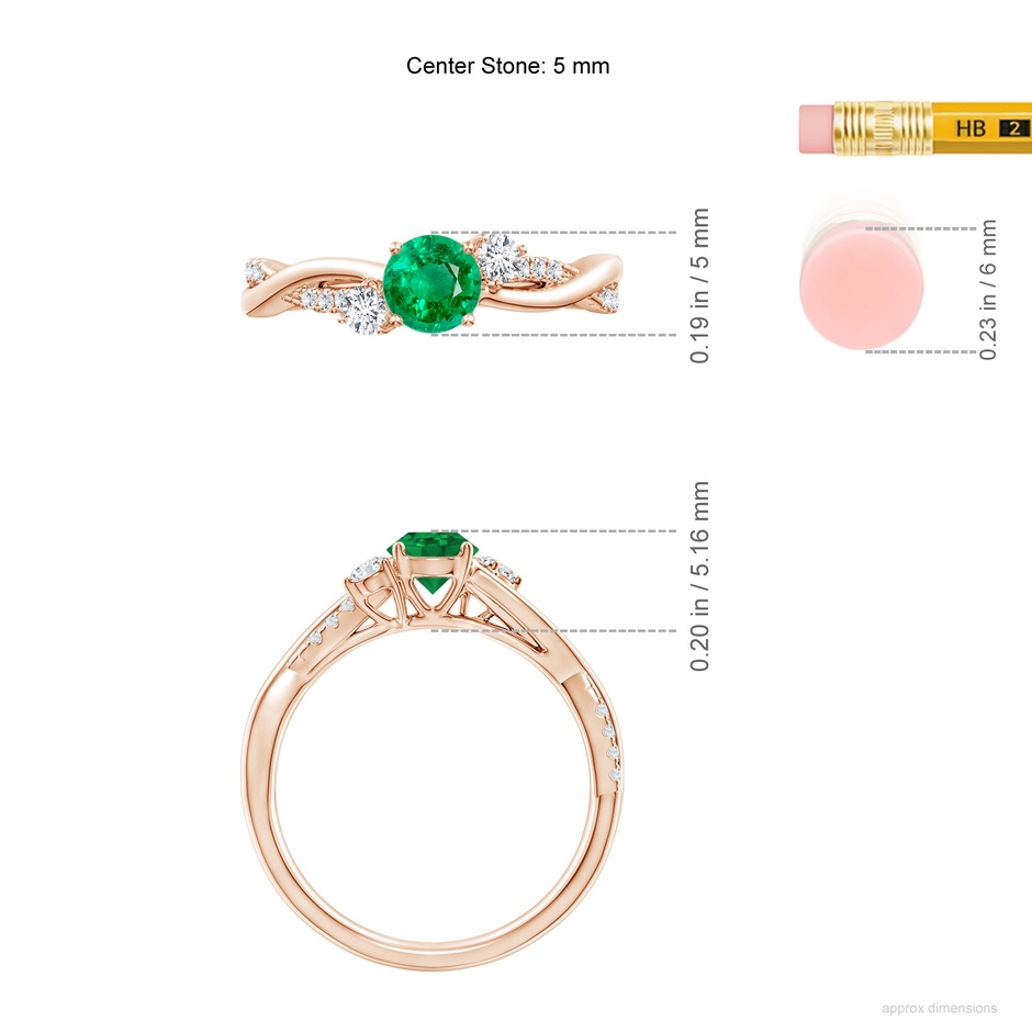 5mm AAA Nature Inspired Emerald & Diamond Twisted Vine Ring in Rose Gold ruler