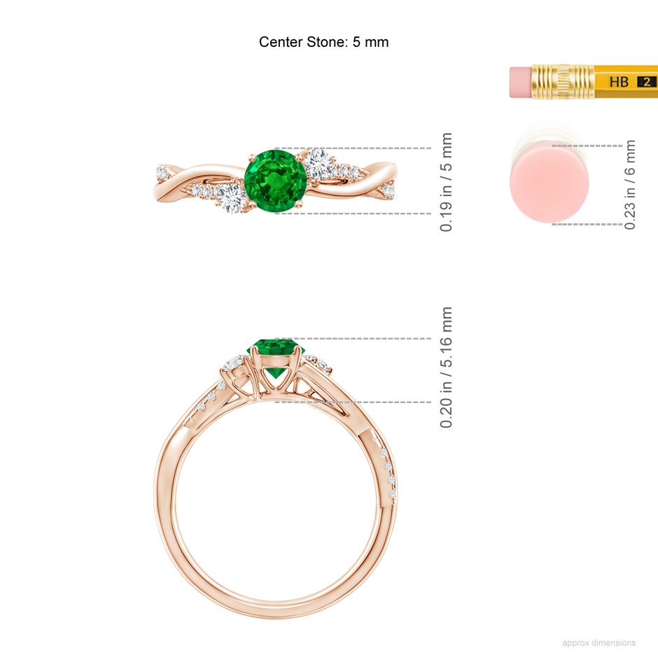 5mm AAAA Nature Inspired Emerald & Diamond Twisted Vine Ring in Rose Gold ruler