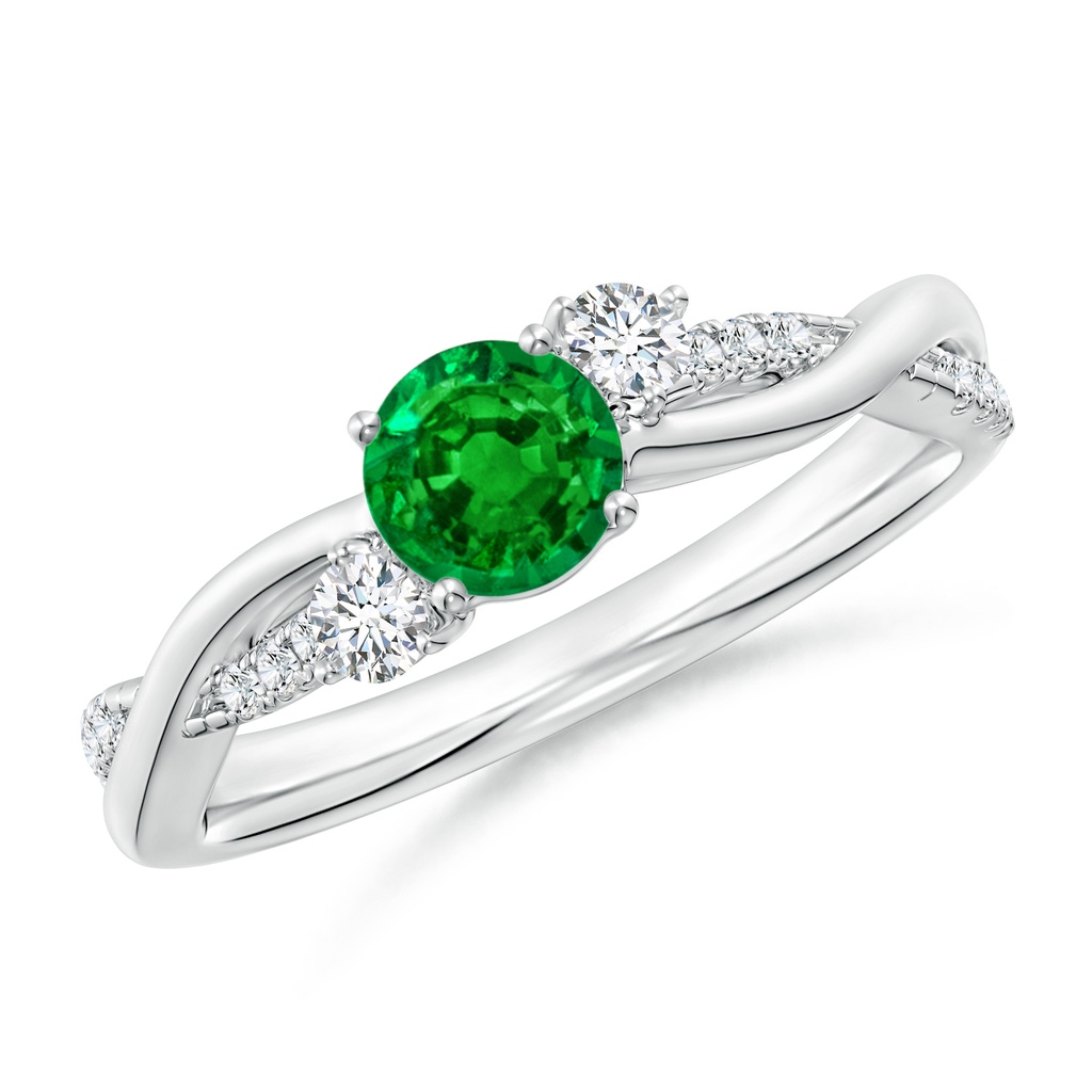 5mm AAAA Nature Inspired Emerald & Diamond Twisted Vine Ring in White Gold