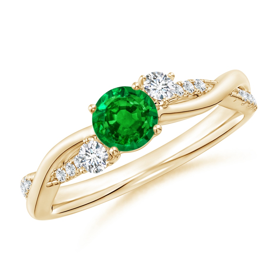 5mm AAAA Nature Inspired Emerald & Diamond Twisted Vine Ring in Yellow Gold 