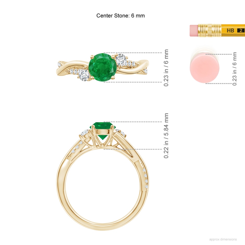 6mm AA Nature Inspired Emerald & Diamond Twisted Vine Ring in Yellow Gold ruler