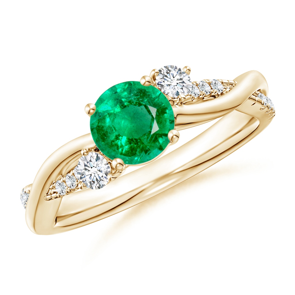6mm AAA Nature Inspired Emerald & Diamond Twisted Vine Ring in Yellow Gold