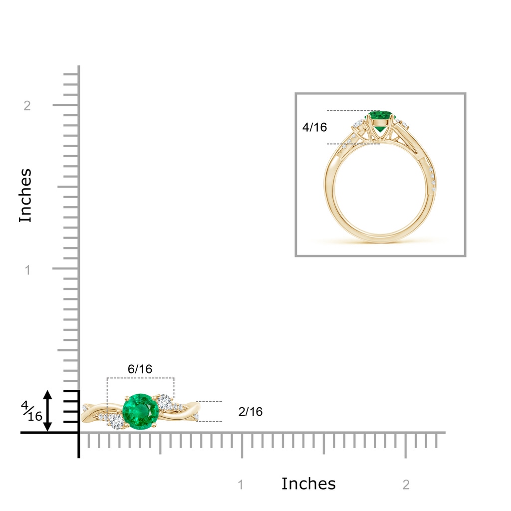 6mm AAA Nature Inspired Emerald & Diamond Twisted Vine Ring in Yellow Gold ruler