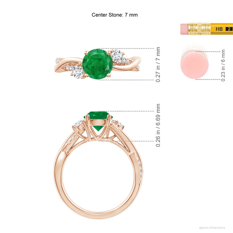 7mm AA Nature Inspired Emerald & Diamond Twisted Vine Ring in Rose Gold ruler