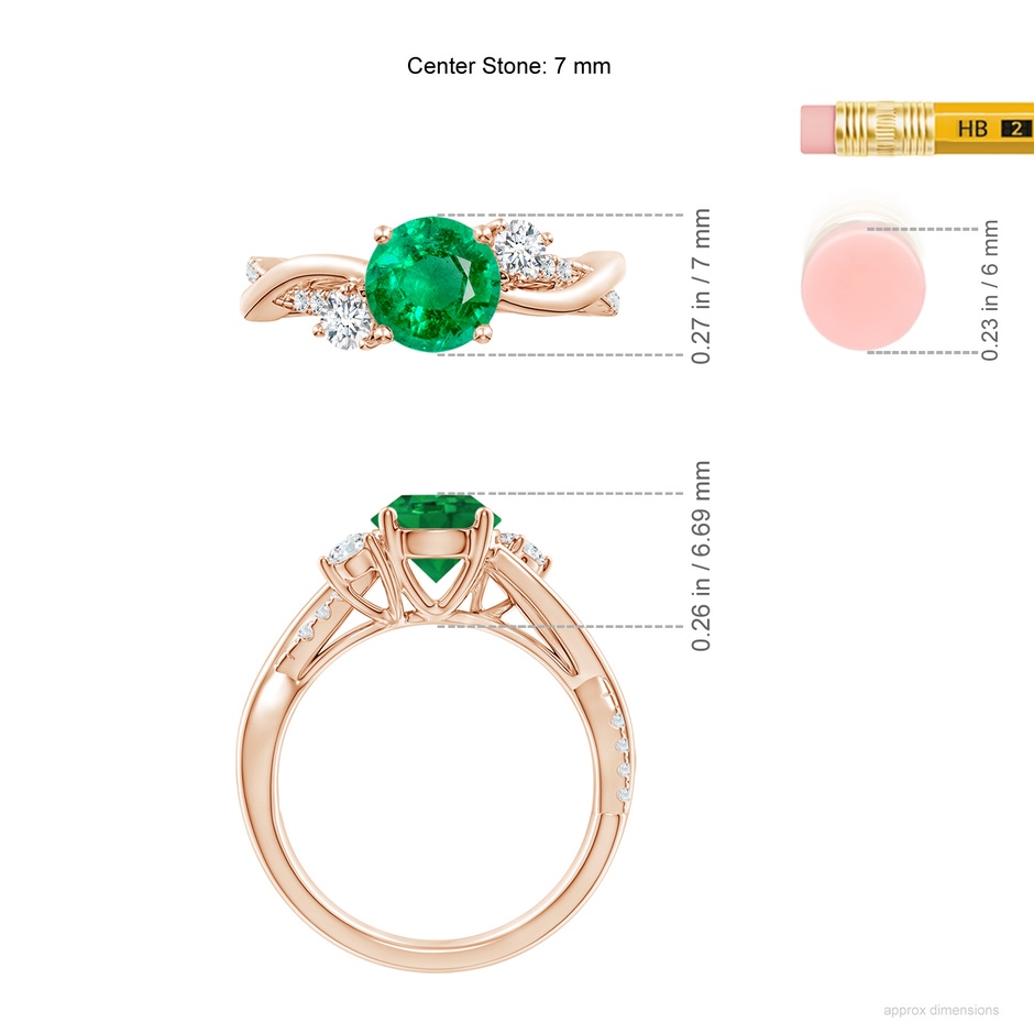 7mm AAA Nature Inspired Emerald & Diamond Twisted Vine Ring in Rose Gold ruler
