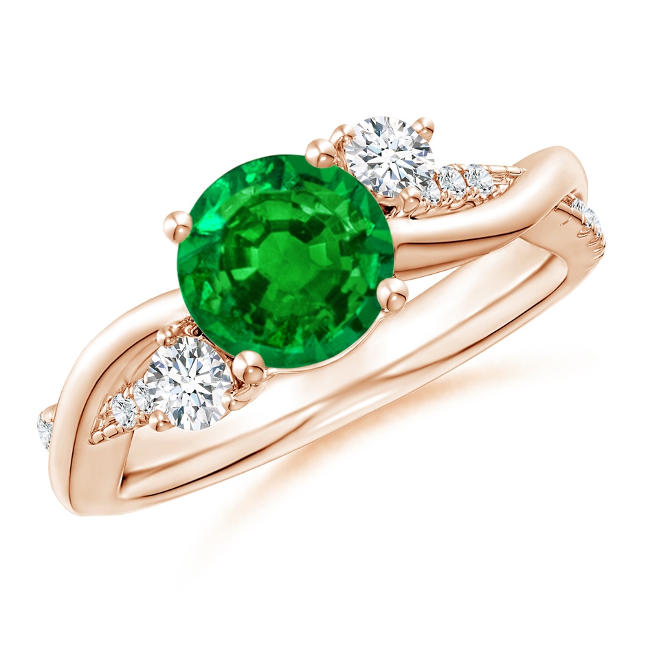 7mm AAAA Nature Inspired Emerald & Diamond Twisted Vine Ring in 18K Rose Gold 
