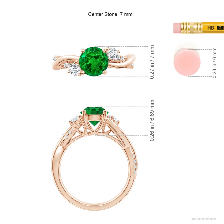 7mm AAAA Nature Inspired Emerald & Diamond Twisted Vine Ring in 18K Rose Gold ruler