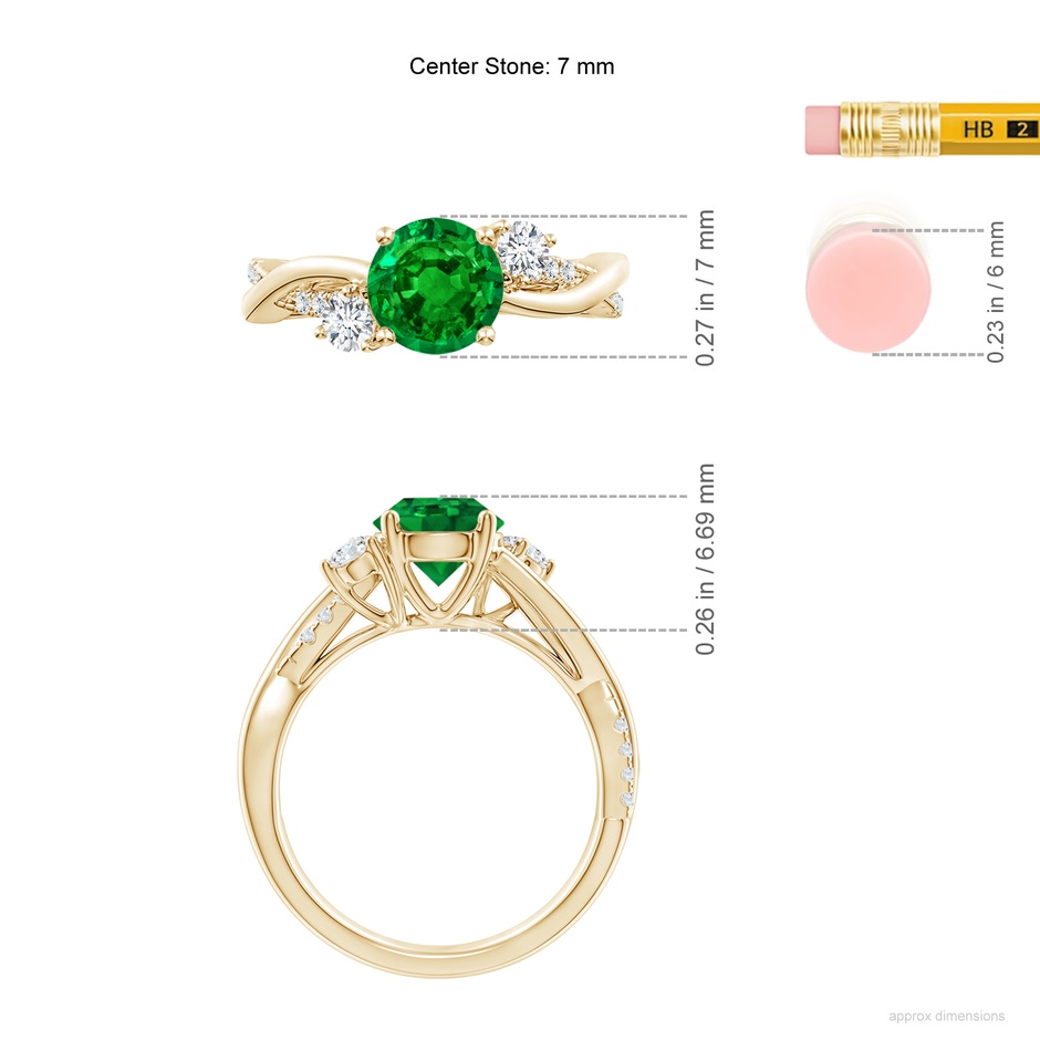 7mm AAAA Nature Inspired Emerald & Diamond Twisted Vine Ring in Yellow Gold ruler