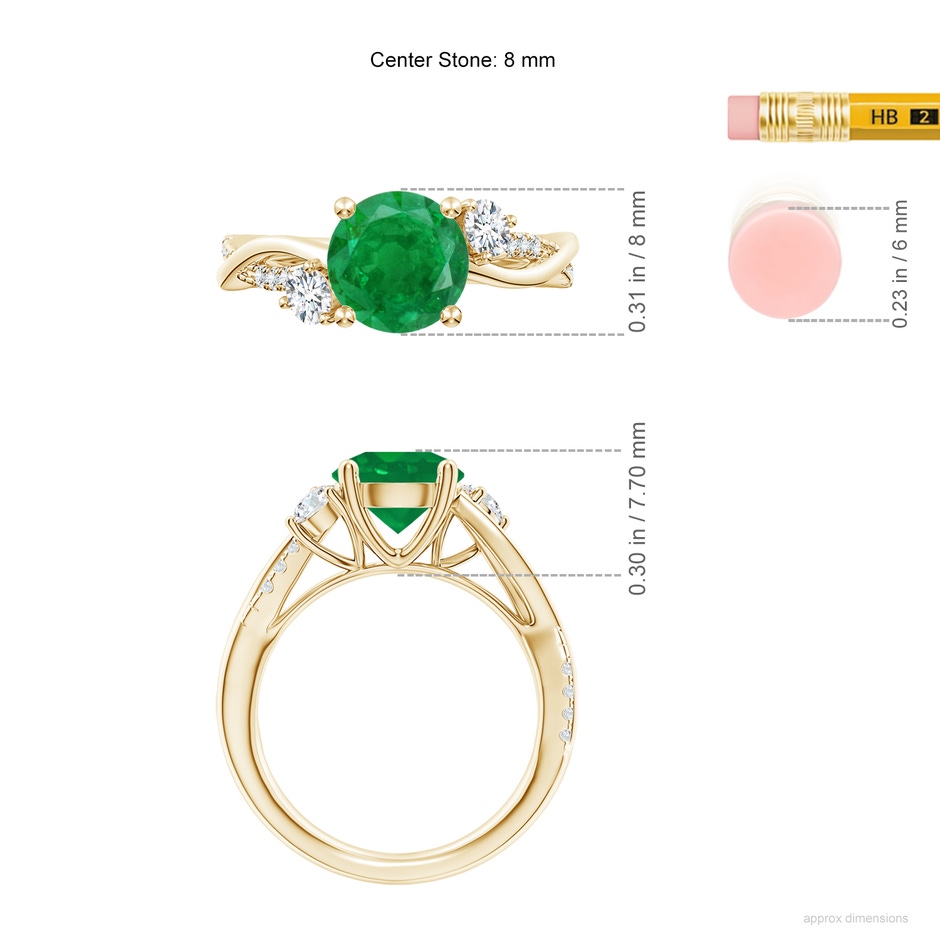 8mm AA Nature Inspired Emerald & Diamond Twisted Vine Ring in Yellow Gold ruler