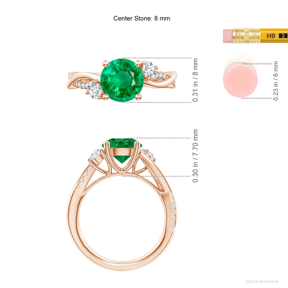 8mm AAA Nature Inspired Emerald & Diamond Twisted Vine Ring in 18K Rose Gold ruler