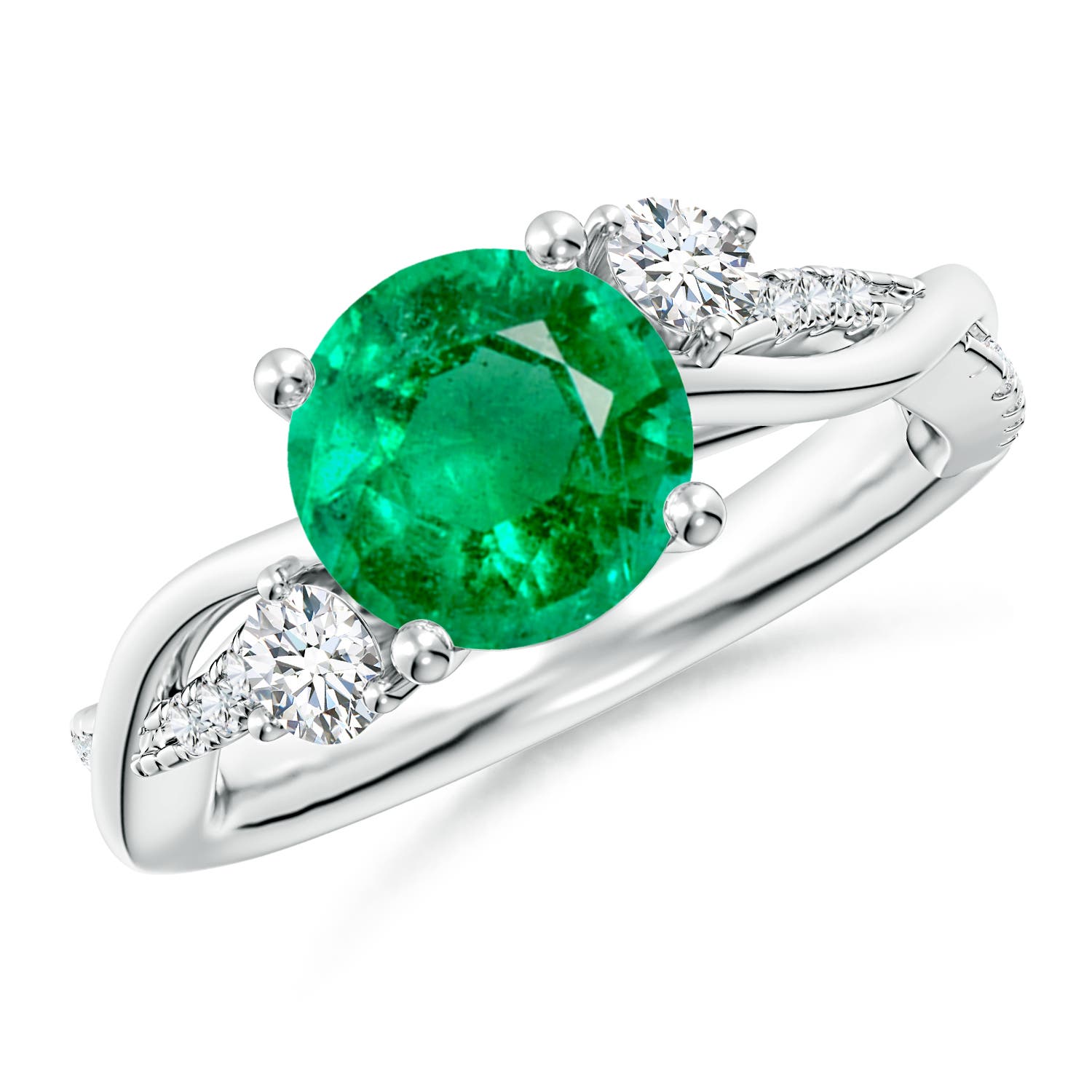 8mm AAA Nature Inspired Emerald & Diamond Twisted Vine Ring in White Gold