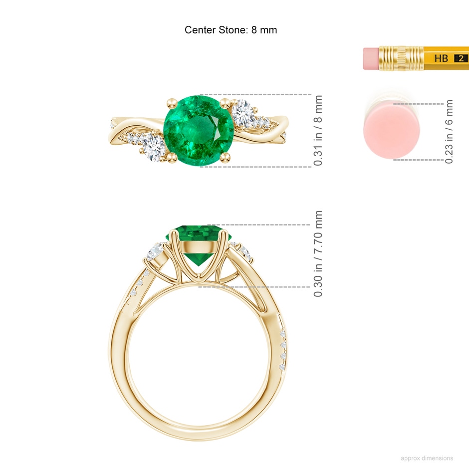 8mm AAA Nature Inspired Emerald & Diamond Twisted Vine Ring in Yellow Gold ruler