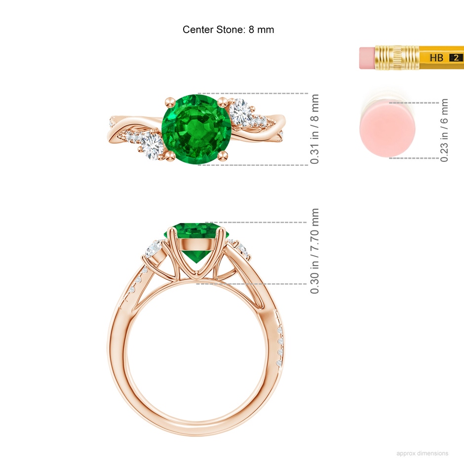 8mm AAAA Nature Inspired Emerald & Diamond Twisted Vine Ring in 18K Rose Gold ruler