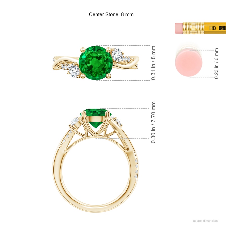 8mm AAAA Nature Inspired Emerald & Diamond Twisted Vine Ring in Yellow Gold ruler
