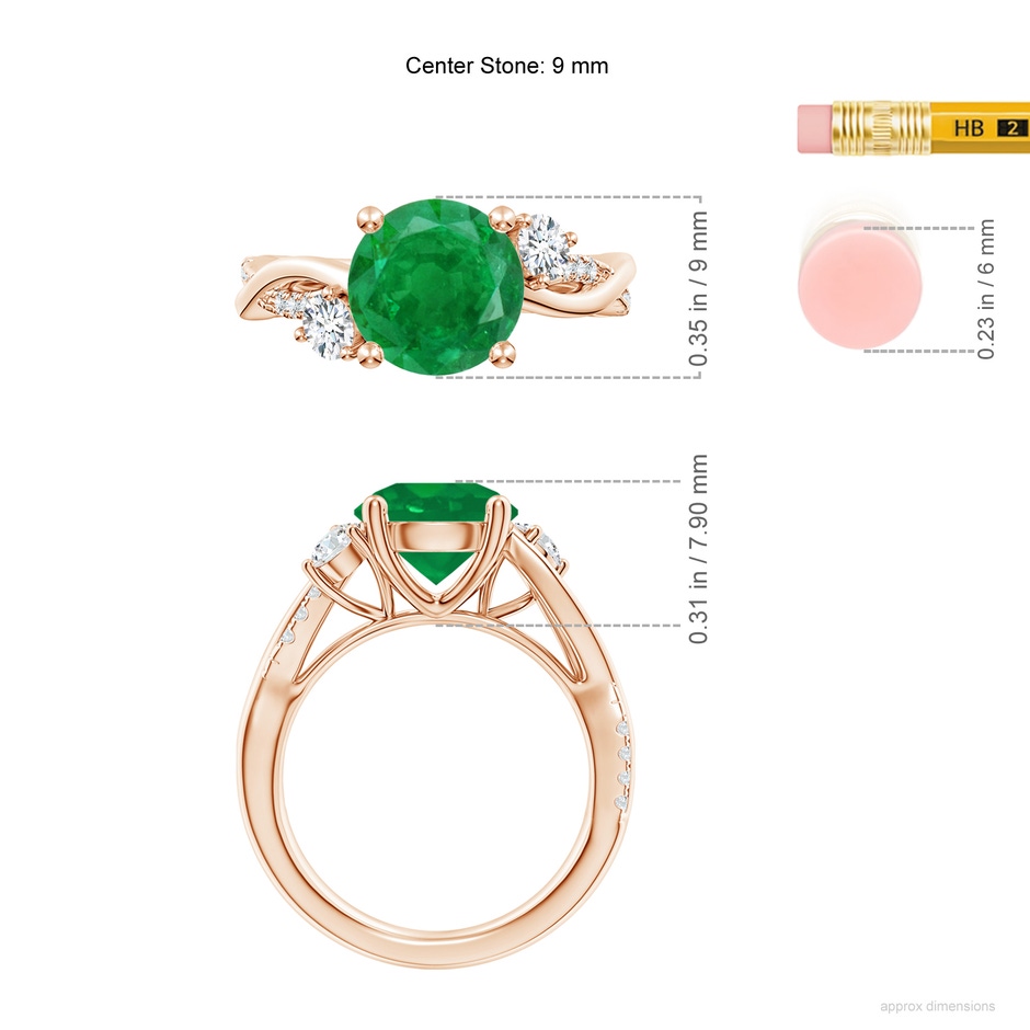 9mm AA Nature Inspired Emerald & Diamond Twisted Vine Ring in Rose Gold ruler