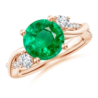 9mm AAA Nature Inspired Emerald & Diamond Twisted Vine Ring in 10K Rose Gold